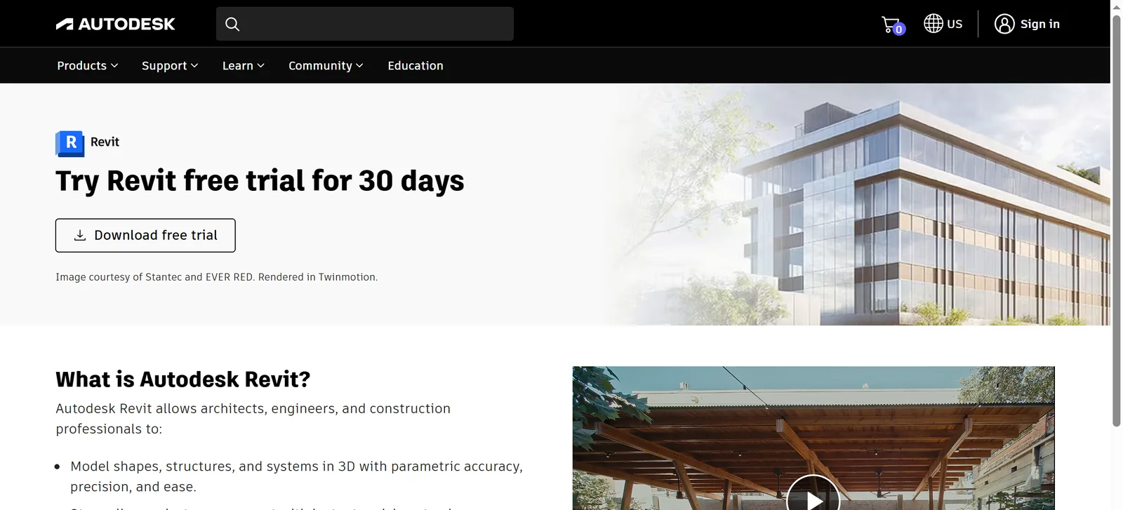 דף גרסת הניסיון של רוויט באתר Autodesk, עם הכיתוב Try Revit free trial for 30 days וכפתור ההורדה